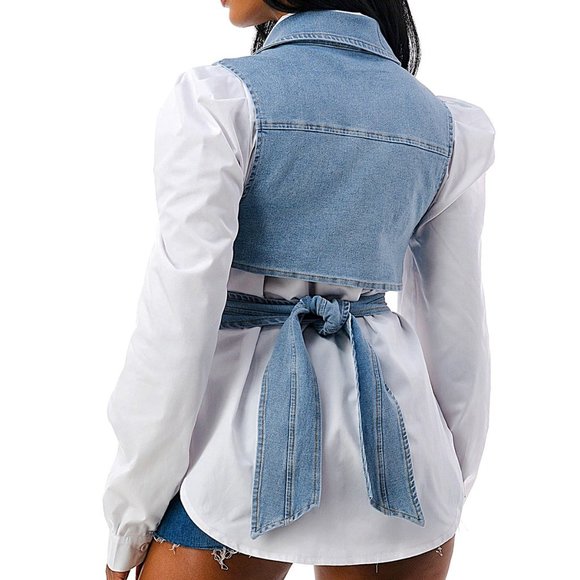 Puff Shoulder Blouse w/ Wrap Denim Crop Top 🩷LIVE show item - Picture 3 of 4